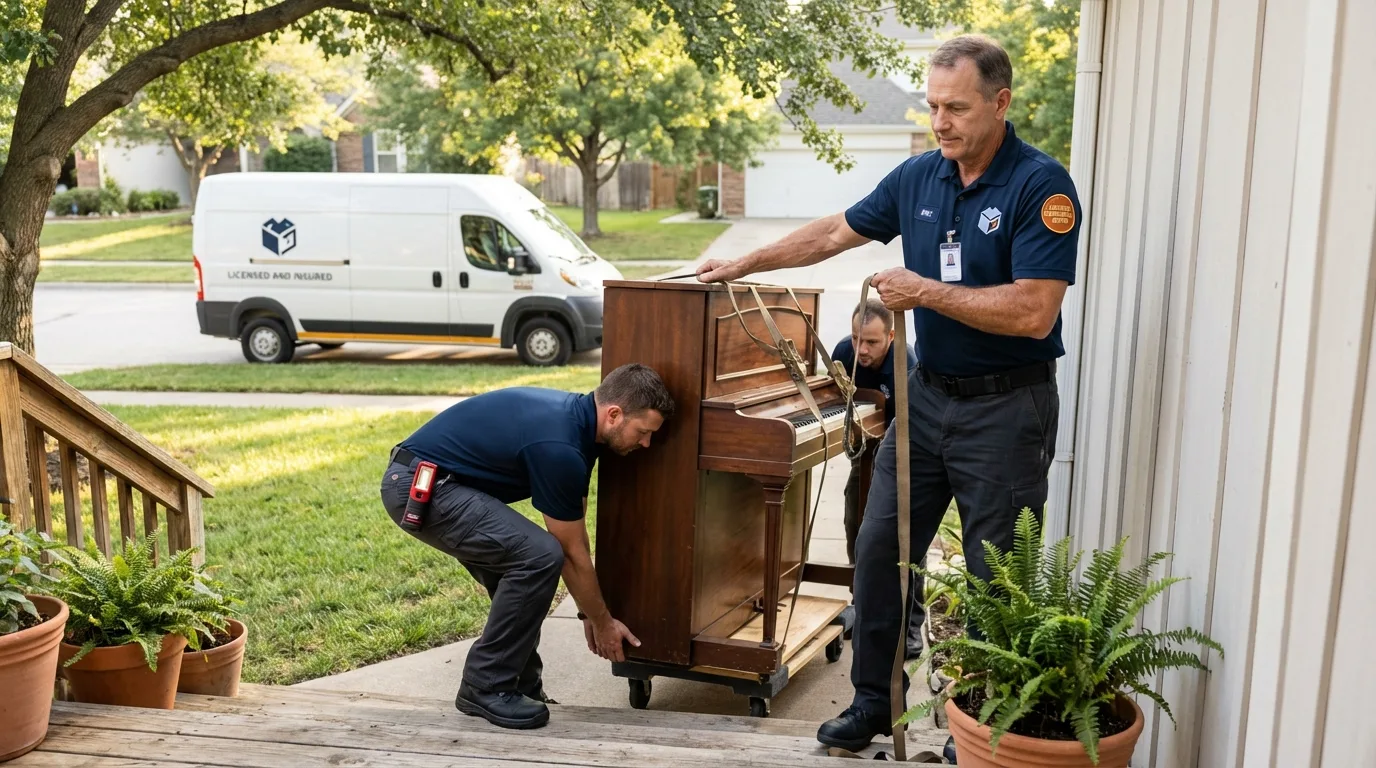 Licensed piano movers securing grand piano in Celina, OH