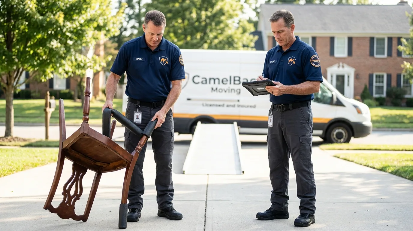 Movers inspecting furniture for damage prevention before loading in Celina, OH